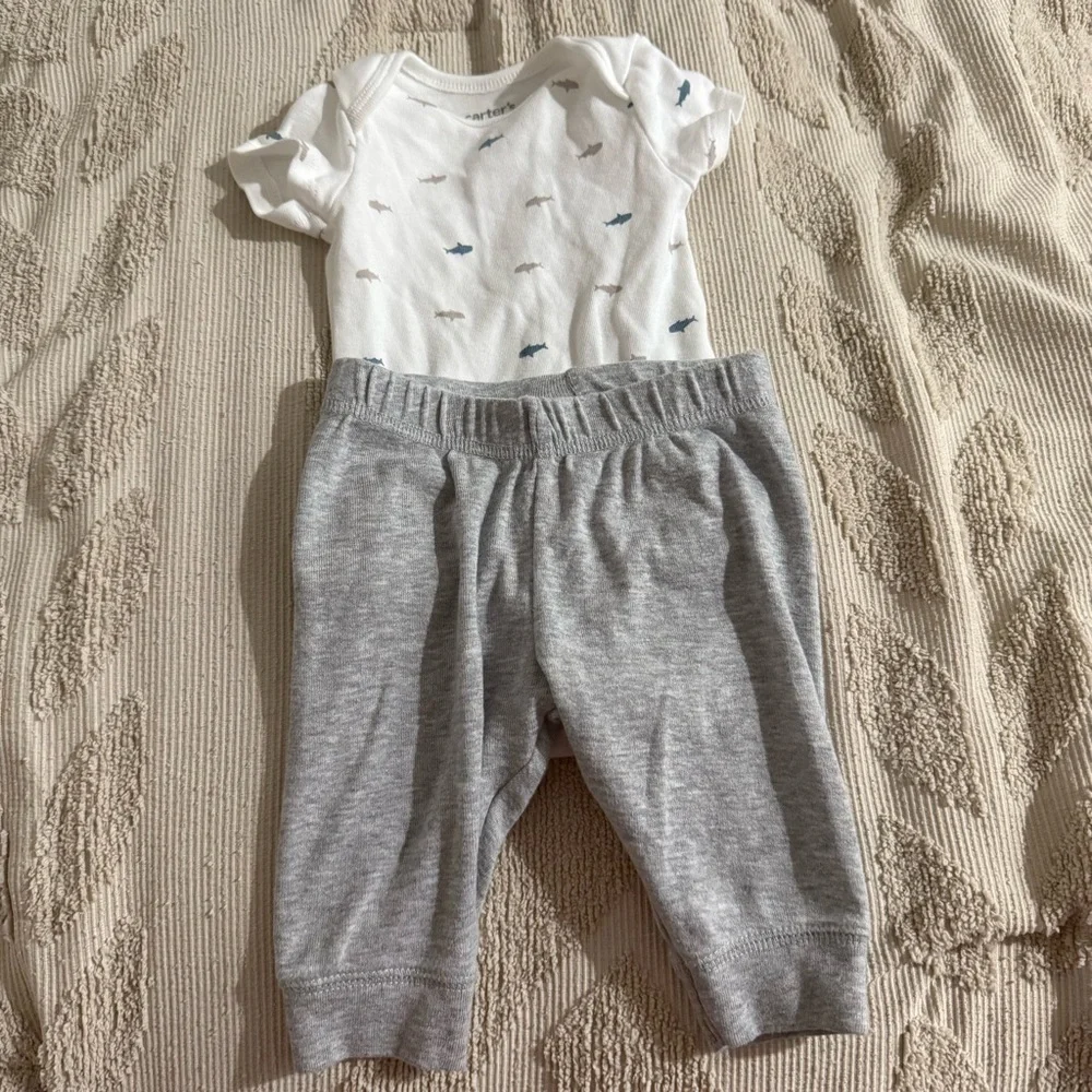 Adorable Shark Baby Outfit Set Blue White Gray patch baby shark Carters 3 month